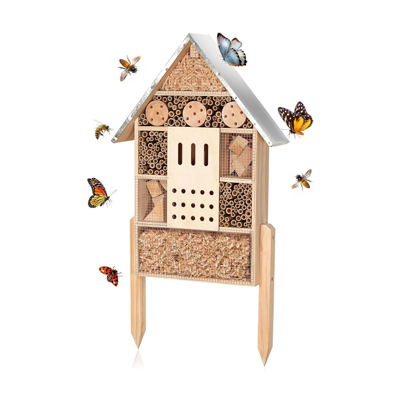 antiai Extra Large Wooden Insect House with Stakes,Wood Mason Bee Butterfly House,Insect Hotel,an Outdoor Bamboo