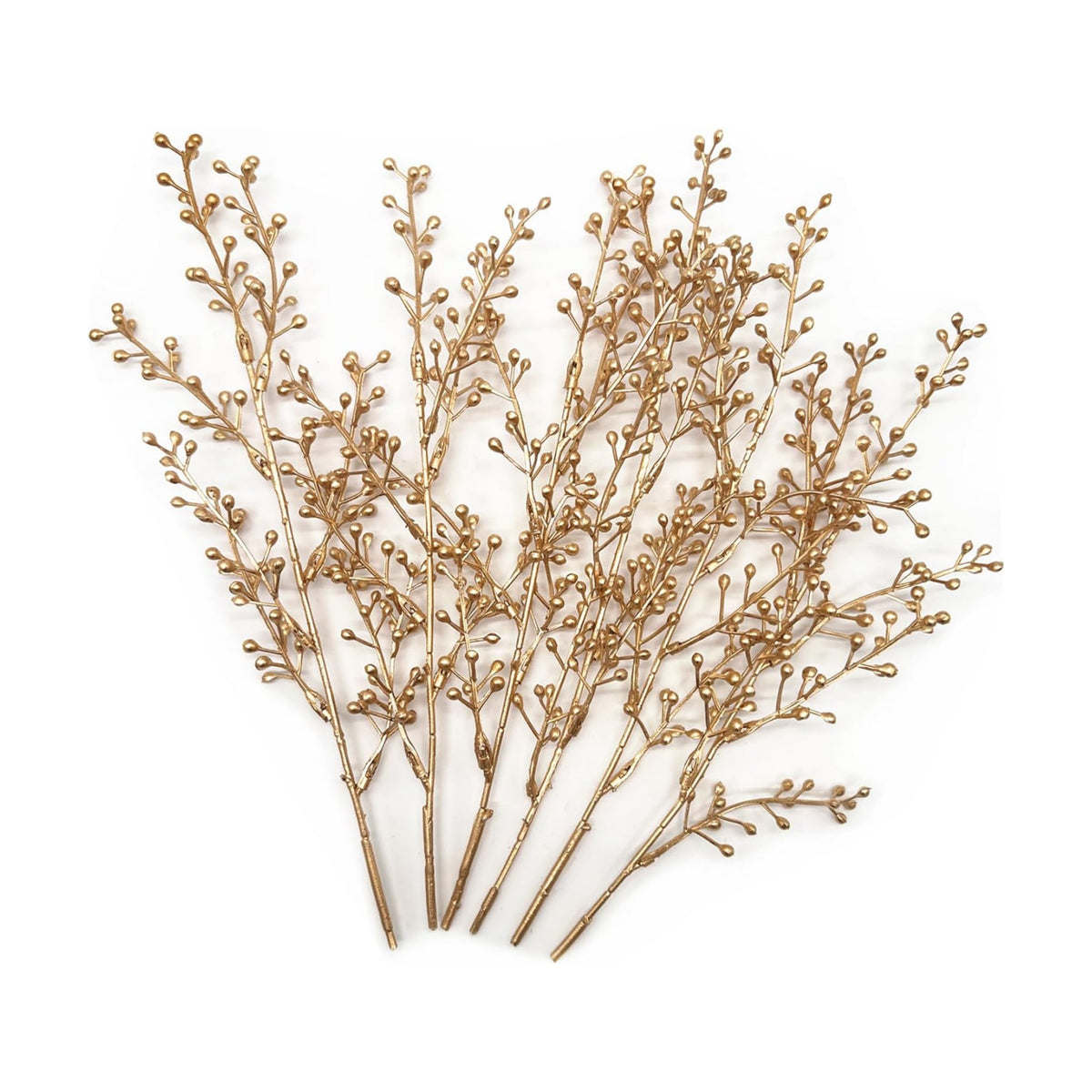 Artificial Golden Berry Stem Decorations, Fake Bead Sticks Picks Plastic Plants for Home Party Christmas Berries Stems Tree Ornaments Wreath Crafts DIY Gift Wedding Bouquet Xmas Decor Gold 6 Pcs