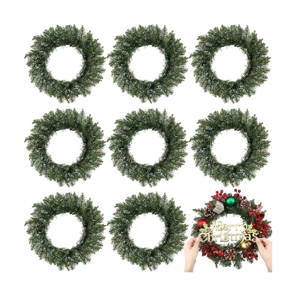 Zeyune 8 Pcs 14" Christmas DIY Green Wreath Artificial Faux Wreath, Fresh