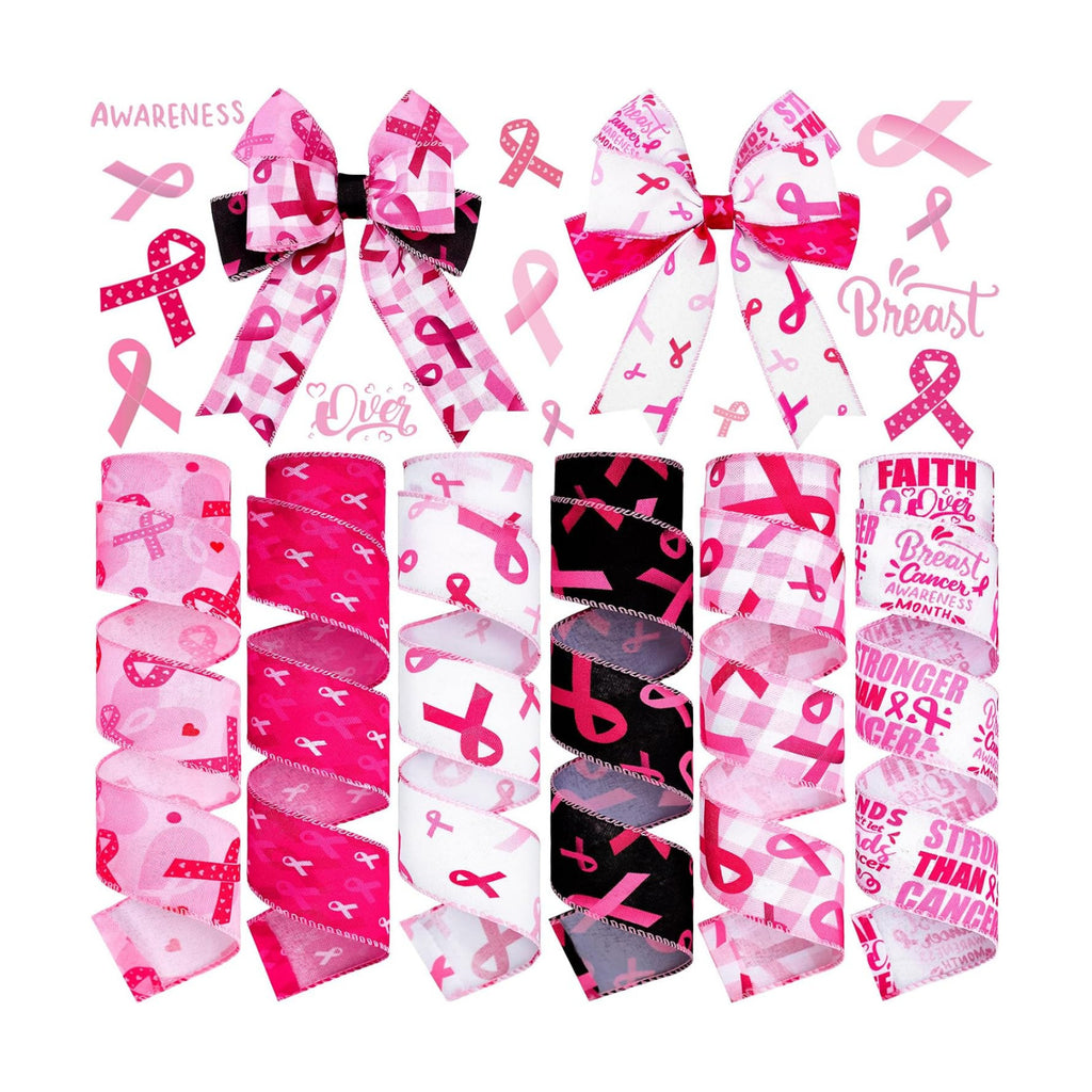 Wavyknot 6 Rolls Breast Cancer Awareness Wired Edge Ribbon 2 Inch x 30 Yard
