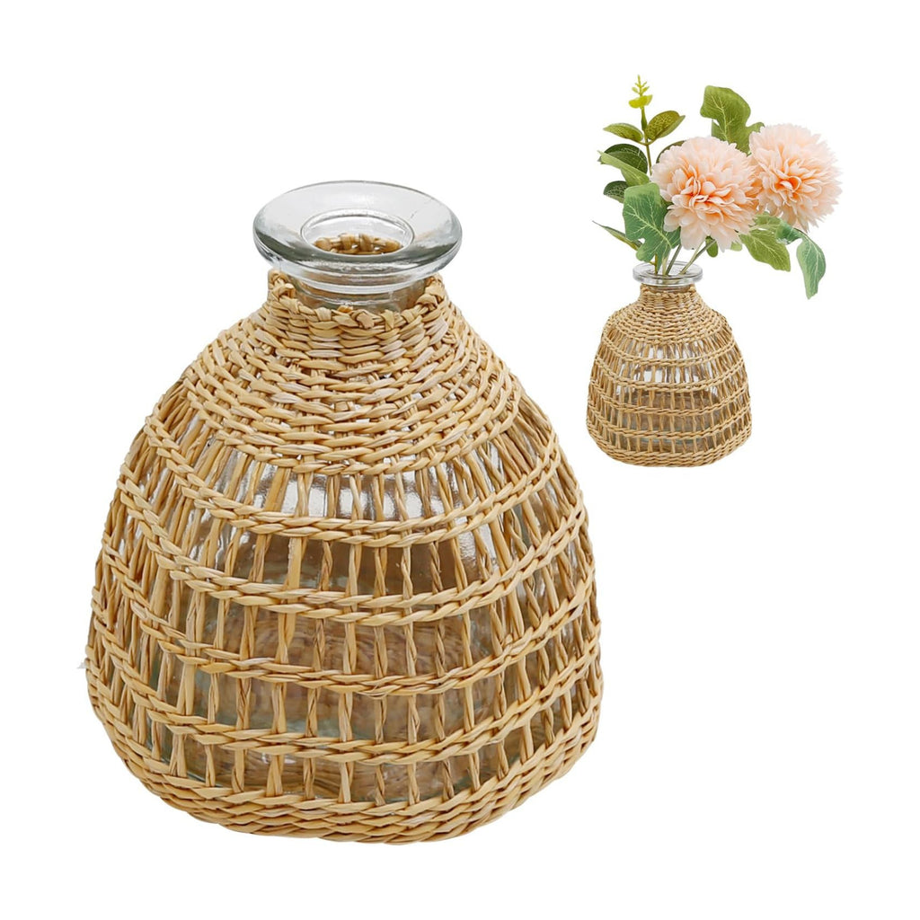 Flower Vases with Rattan Cover, Straw Woven Glass Vase, Rattan Woven Vase Decorative, Glass Flower Vase, Boho Glass Flower Vase, Vase for Home Flower Arrangement Table Decoration, 5.3''X3.5'',D Style