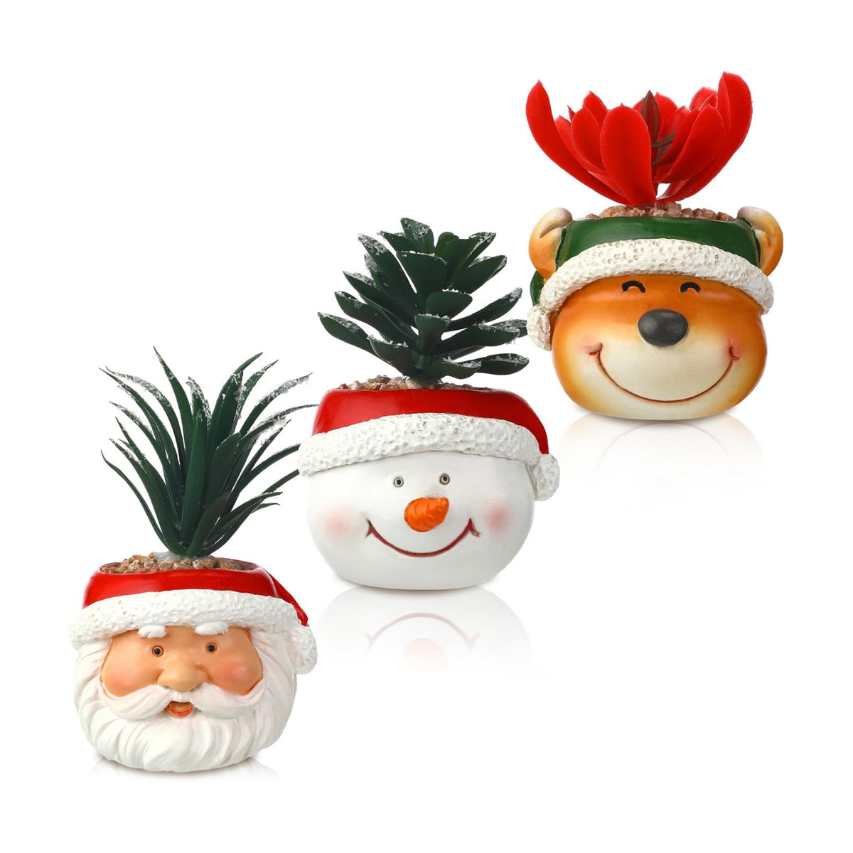FoldTier 3 Pcs Christmas Artificial Succulent Plants in Pots Resin Mini Fake Flower Planter Santa Reindeer Snowman 4.5 Inch Small Faux Pot Plants Christmas Decorations for Home Indoor Decor
