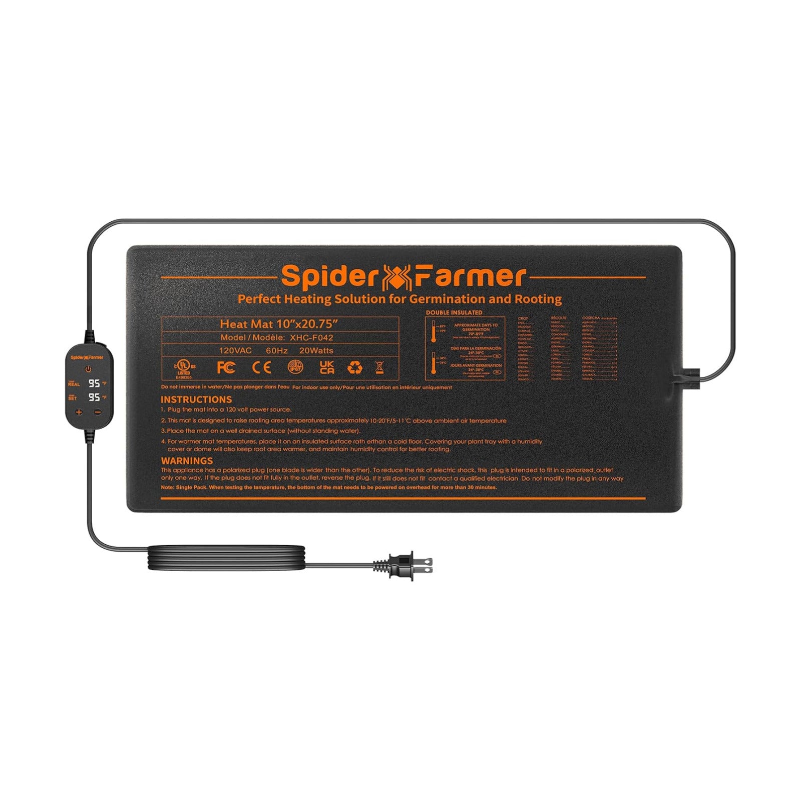 Spider Farmer 10"x20.75" Seedling Heat Mat with Built-in Thermostat | Fast & Uniform Heating, MET & UL Certified, IP67