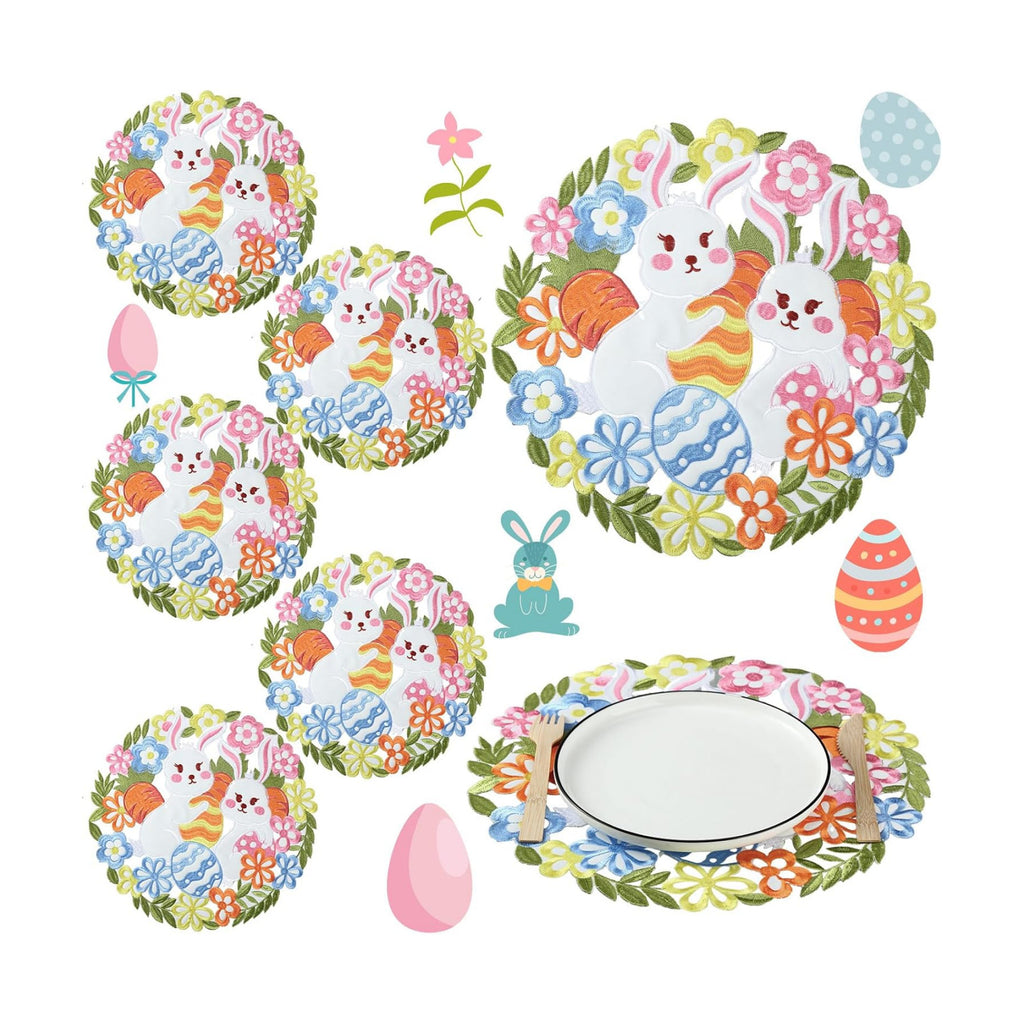 6 Pcs Easter Embroidered Placemats Double Layer Applique Bunny Egg Floral Placemat for Home Dining Holiday Easter Spring Table (Bunny, Egg, 14 x 14 Inch)