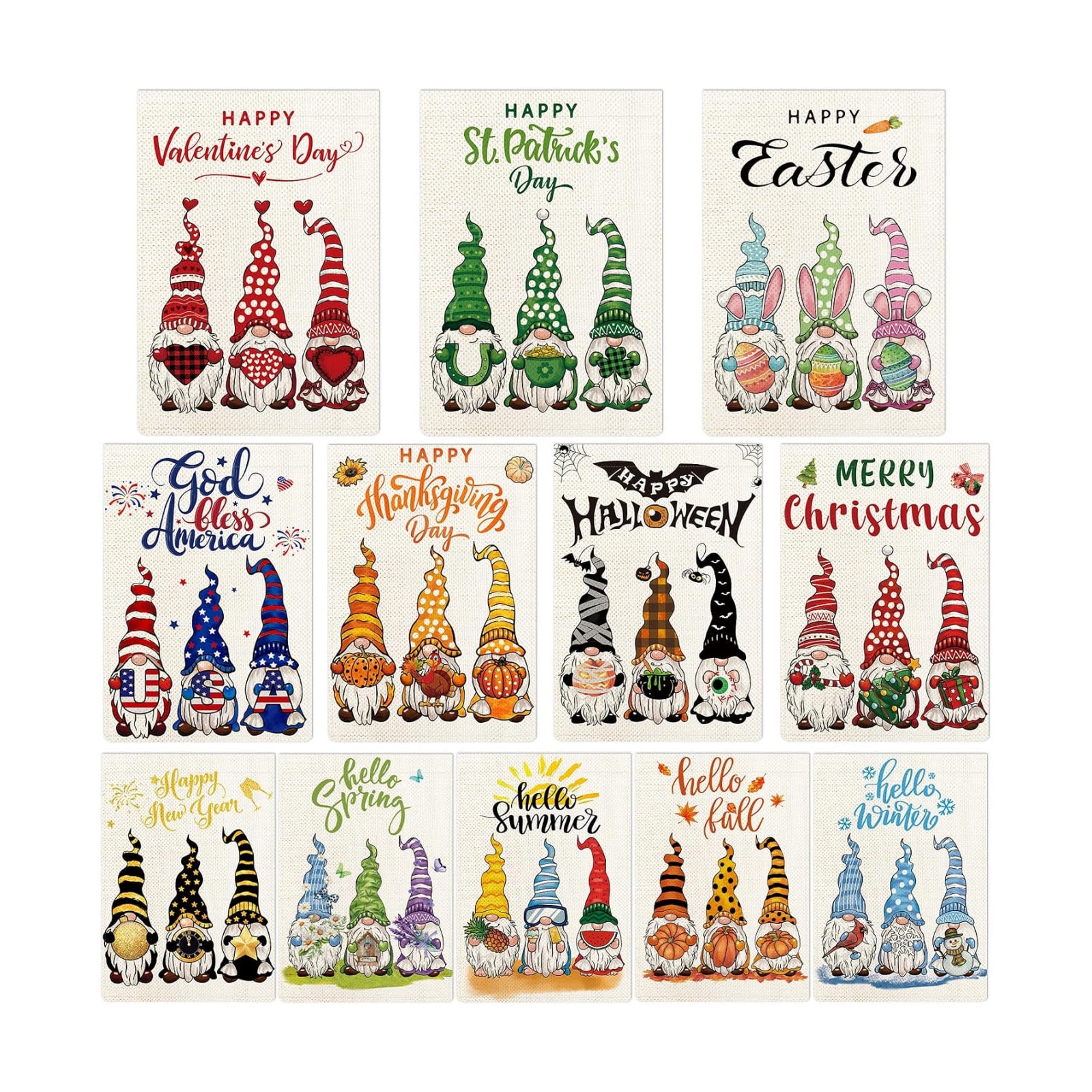 Gnomes Seasonal Garden Flags Set of 12, All Seasons and Holidays, Burlap, 12x18 inch, Double Sided, Fade Resistant