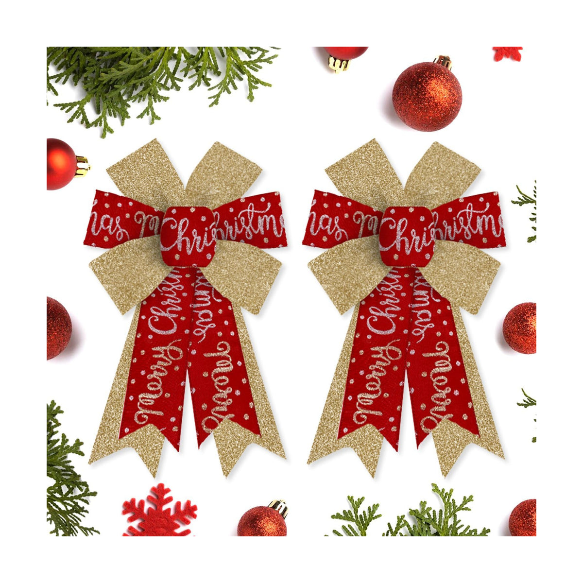 Hying 2 Pieces Christmas Bows for Wreath, Christmas Wreath Bow Glitter Golden Red Bows Winter Xmas Craft Bows Ornaments for Front Door New Year Christmas Party Decoration Supplies