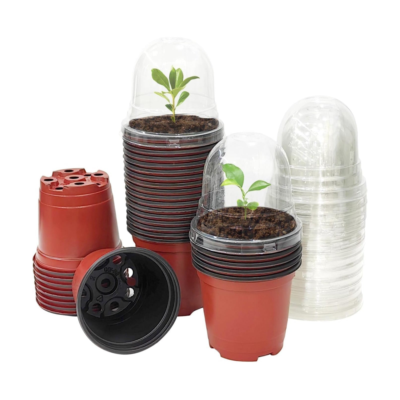 RooTrimmer Plant Nursery Pots with Humidity Domes, 50 Sets 4 Inch Soft Nursery Pots Quality Ones (50 Red Pots + 50