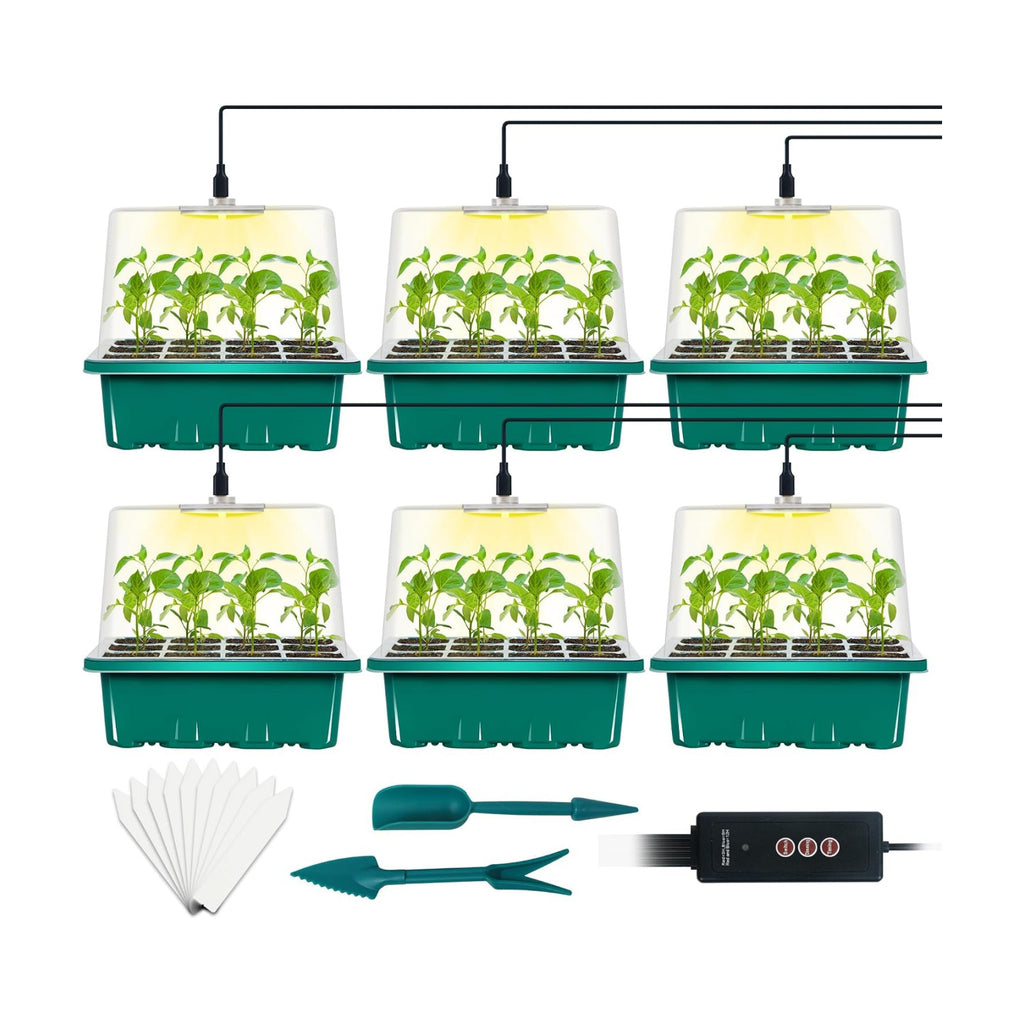 6-Set Seed Starter Tray with Grow Light, Seed Starting Trays Kits with Timing Controller Adjustable Humidity Domes Heightened Lids(12-Cells Per Tray)