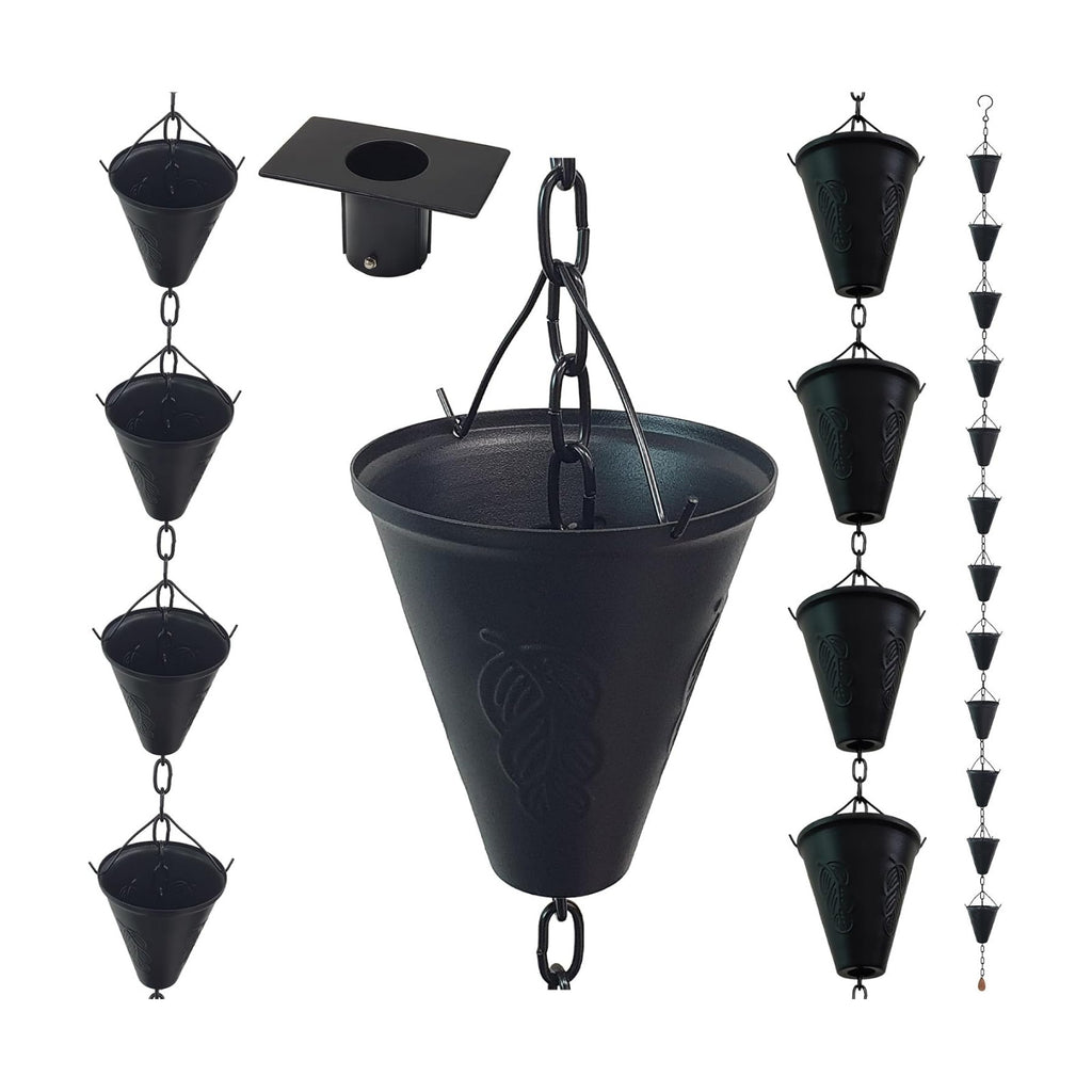 8.5FT Cone Iron Rain Chain for Gutters and Rain Barrel+Adapter, Black | Rain Chains for Downspout, Rust-Prevent Plated