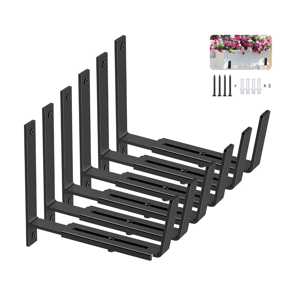 Y&M 6 Pack Adjustable Planter Box Brackets (6 to 12.5 in), Universal Window Box Brackets, Heavy Duty Iron Flower Box