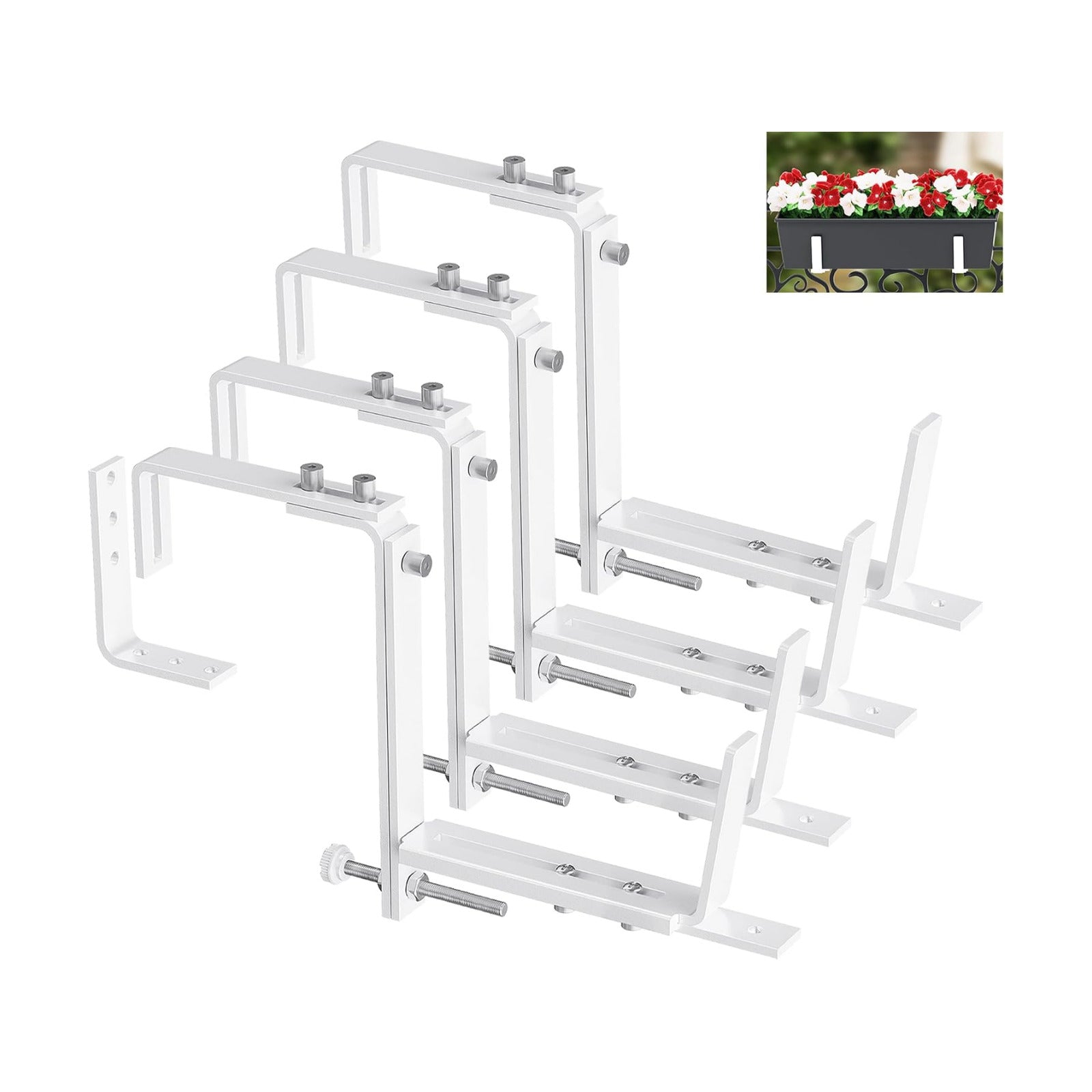 Y&M 4 Pcs Deck Railing Adjustable Planter Box Brackets (6 to 12.5 in), Universal Heavy Duty Iron Flower Box Brackets