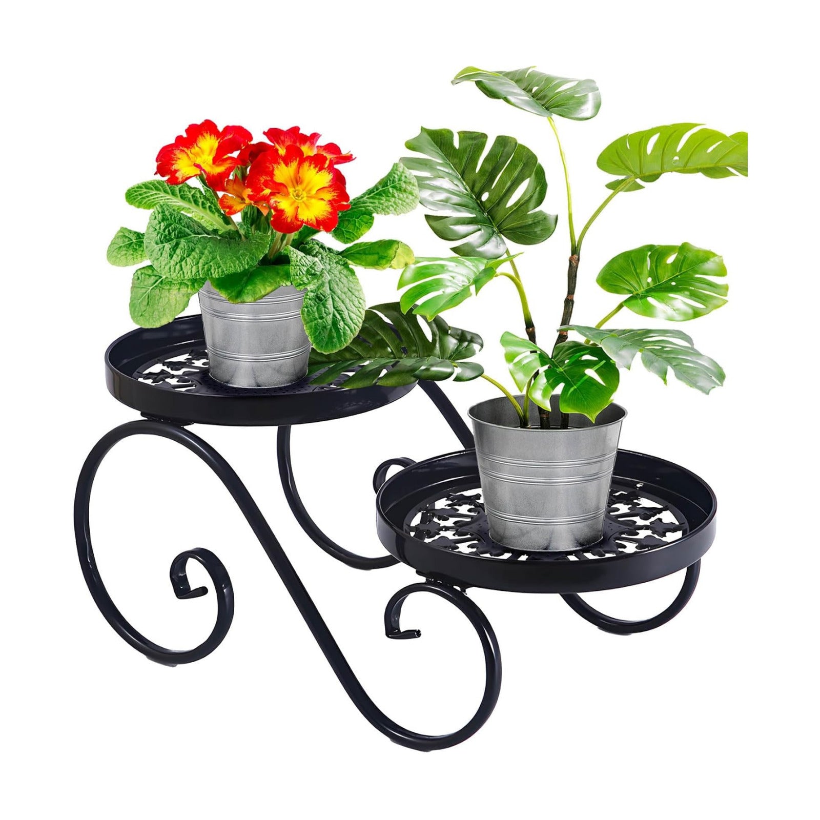 2 Tier Black Plant Stand, Metal Flower Stand Indoor Outdoor | Anti-Rust Iron Plant Shelf, Round Flower Pot Stands for