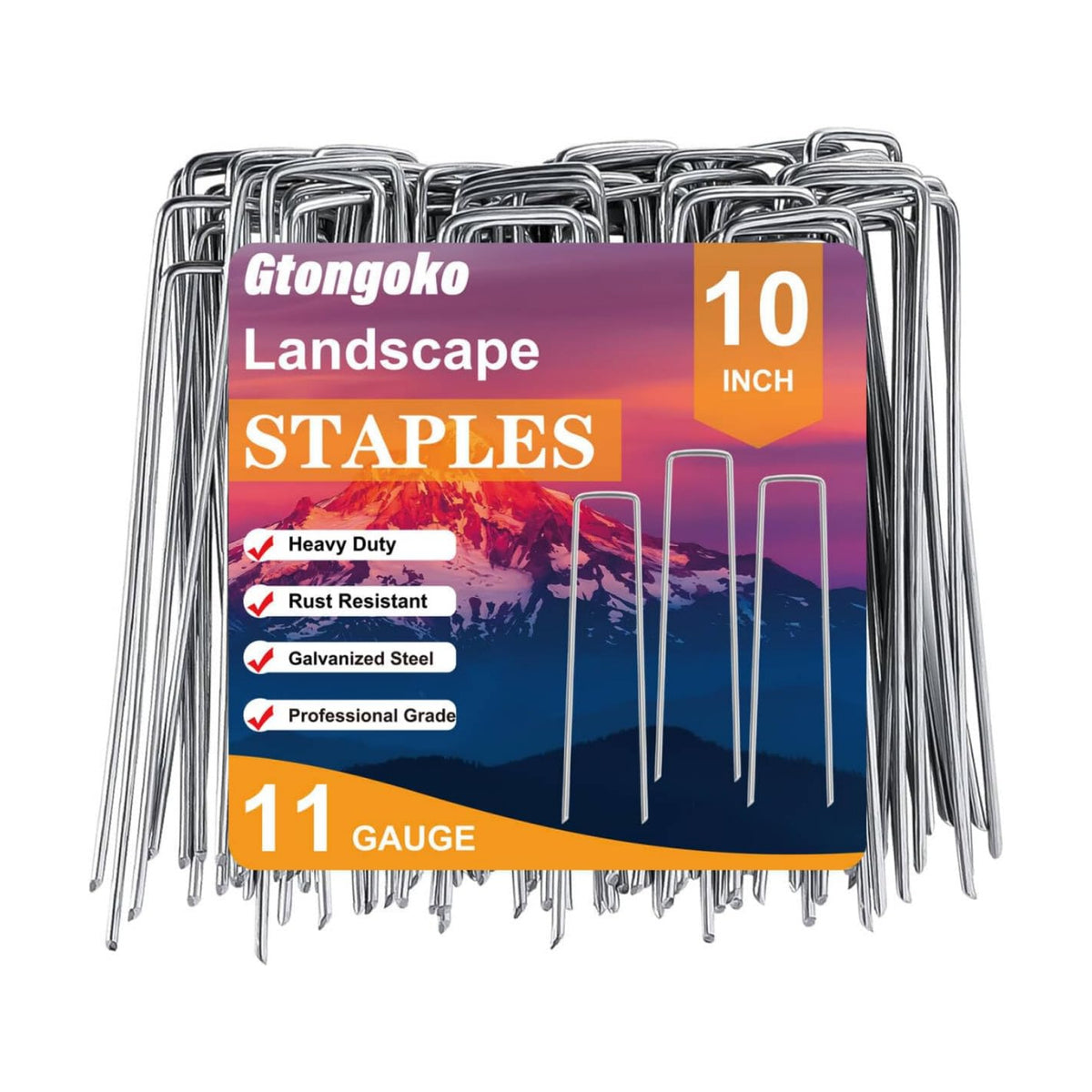 Gtongoko 50 Pack Landscape Staples 10 Inch, 11 Gauge Heavy Duty Galvanized Ground Stakes for Artificial Turf, Weed Barrier Fabric, Erosion Control Blankets, Ground Cover and Landscaping