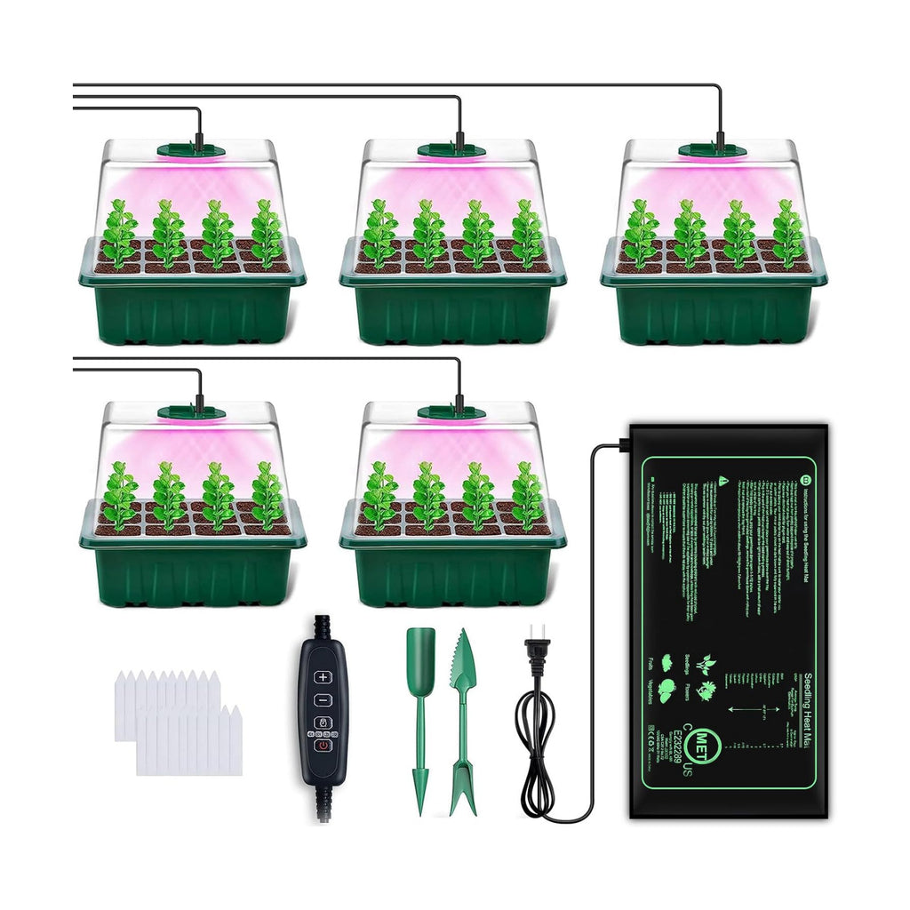 YAUNGEL Seed Starter Tray with Full Spectrum Grow Light & Heat Mat, 5-Pack | Seed Starter Kit with Full Spectrum LED