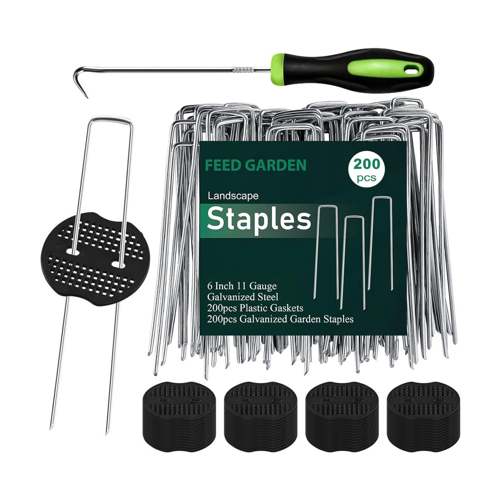 Landscape Staples 6 Inch 200 Pack Kit, Heavy Duty 11 Gauge Hot-Dip Galvanized Garden Stakes with 200 Gaskets & 1 Pick