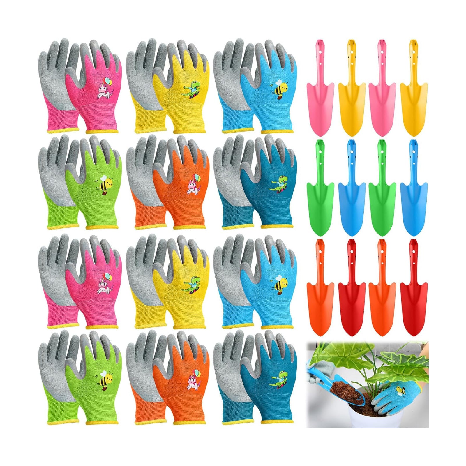 Gisafai 24 Pcs Mini Colorful Metal Hand Shovel and Glove Set Shovel Spade Gloves Digging Trowel Set Kids Gardening