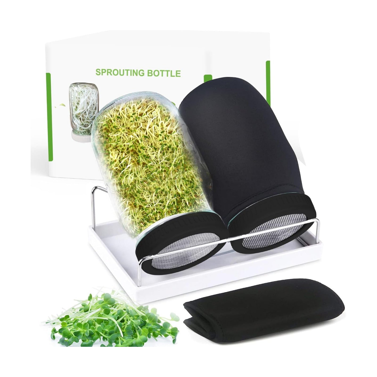 Kitmiido Organic Seed Sprouting Jar Kit – 2 × 32 oz Wide-Mouth Mason Jars with Stainless-Steel Sprouter Lids & Stand
