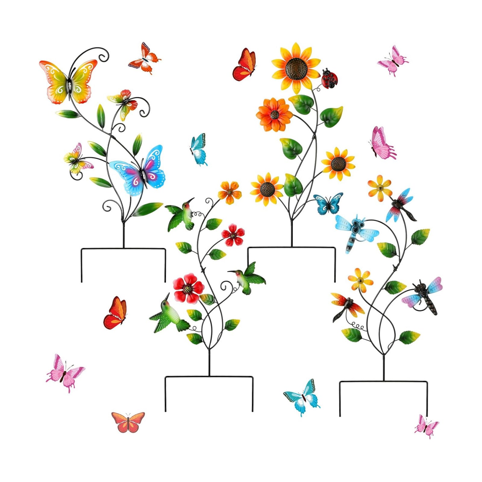 4 Pcs Butterfly Metal Garden Stakes Hummingbird Sunflower Dragonfly Flowers Garden Stake Decor Metal Wall Decor Trellis