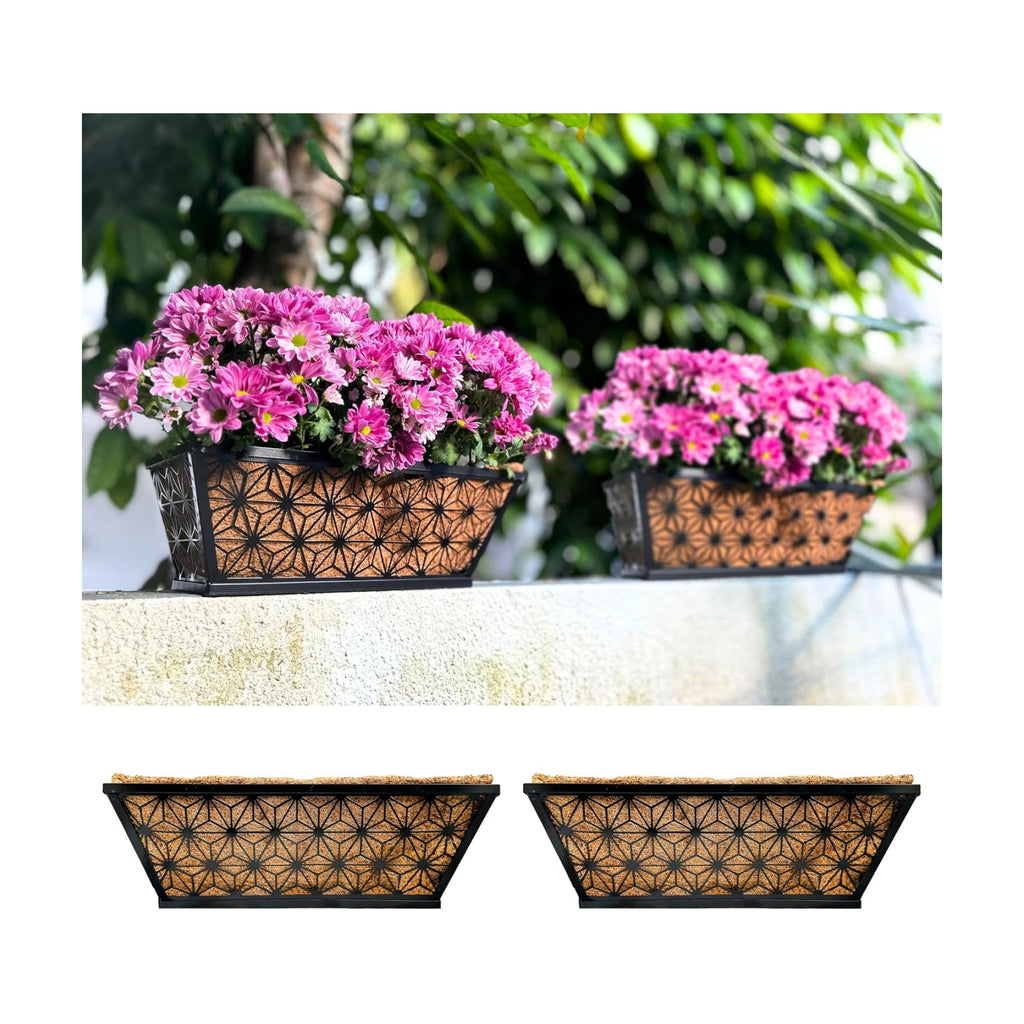 LaLaGreen Window Boxes Planter for Outdoor Plants (2 Pack, 16 Inch) Black Metal Basket Flower Pot Rectangular Wall