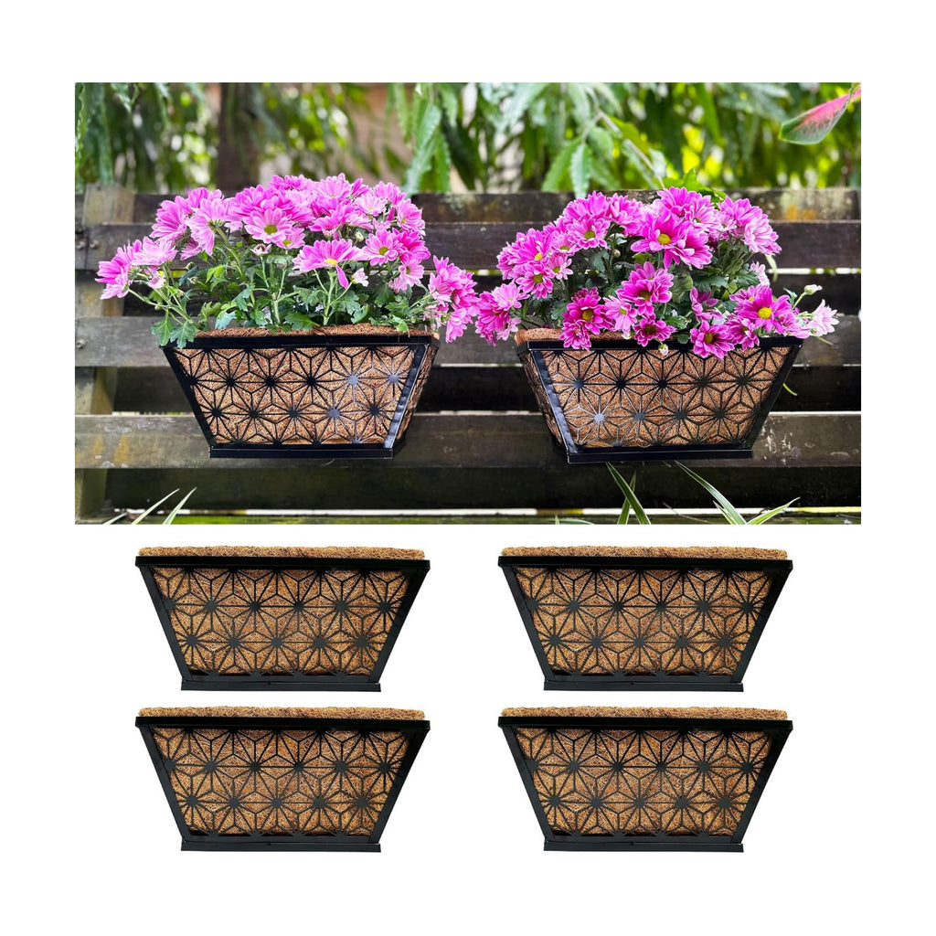 LaLaGreen Window Boxes Planter for Outdoor Plants (4 Pack, 12 Inch) Black Metal Small and Cute Rectangular Flower Pot