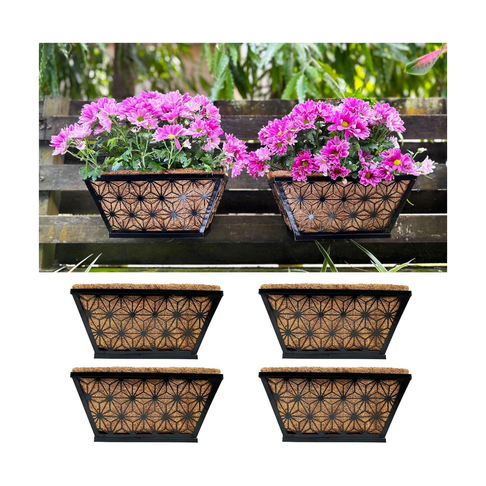 LaLaGreen Window Boxes Planter for Outdoor Plants (4 Pack, 12 Inch) Black Metal Small and Cute Rectangular Flower Pot