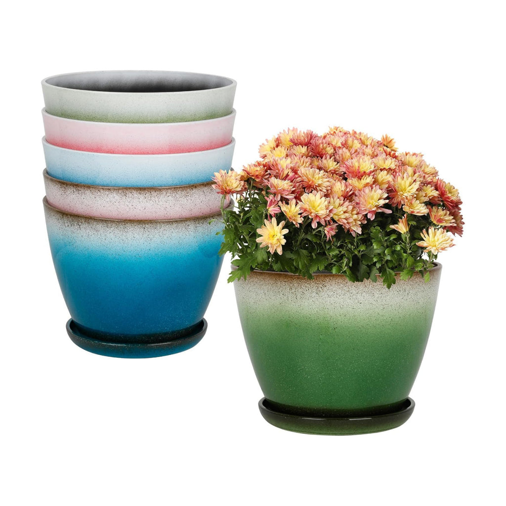 Worth Garden Plastic Round 8" Plant Pots - Set of 6 Multicolor Small Gloss Flower Pot Planters with Drainage Hole and