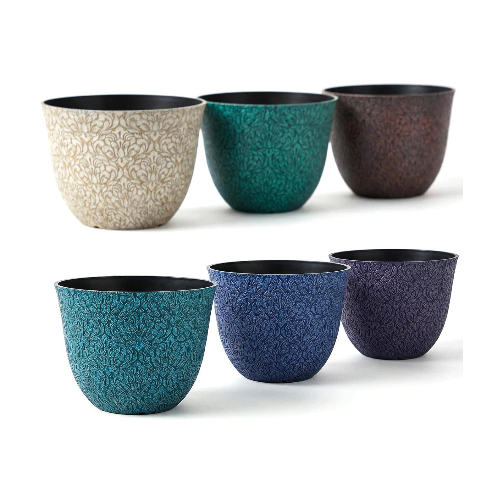 Worth Garden Plastic Round 8" Plant Pots for Indoor Plants - Set of 6 Multicolor Small Flower Pots W/Drainage Hole and