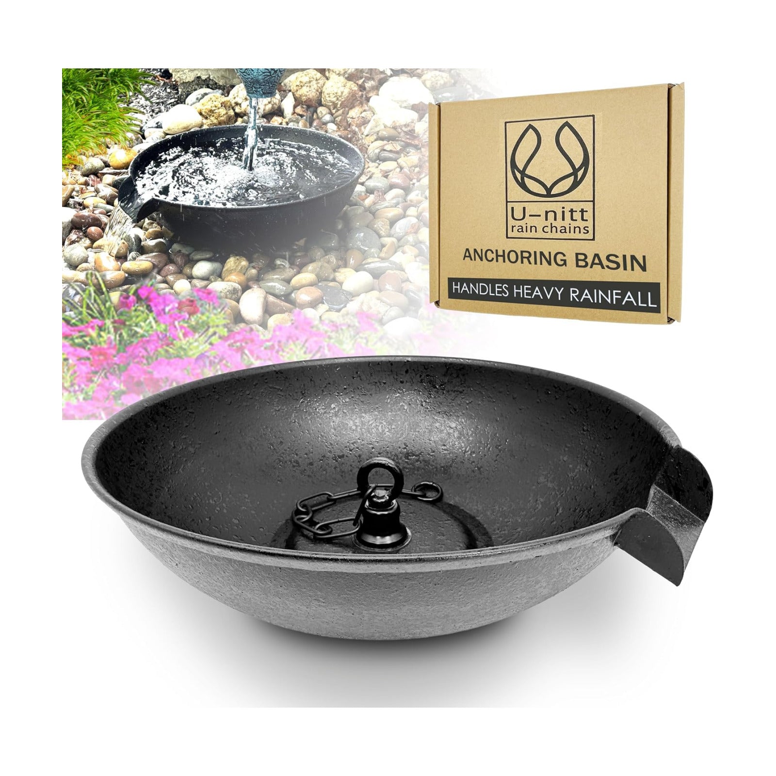 U-nitt 12" Spill Bowl Downspout Catch Basin for Rain Chain Anchoring & Stake | Rainwater Collection for Roof |Gutter