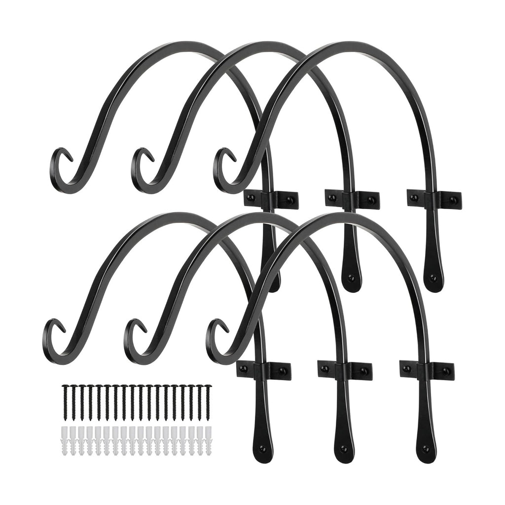 Worth Garden 6-Pack 14" Plant Hanger Bracket - Hand-Forged Wrought Iron Powder-Coated Heavy Duty Wall Hooks - Black