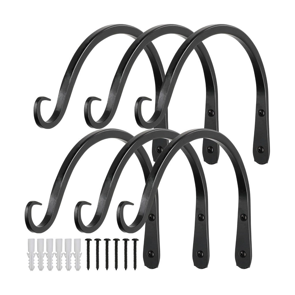 Worth Garden 6-Pack 8" Plant Hanger Bracket - Hand-Forged Wrought Iron Powder-Coated Heavy Duty Wall Hooks - Black