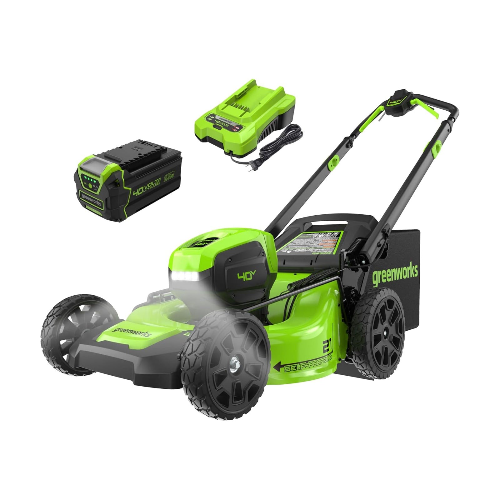 Greenworks 40V 21 in Self-Propelled Lawn Mower, 5.0 Ah Battery and Charger