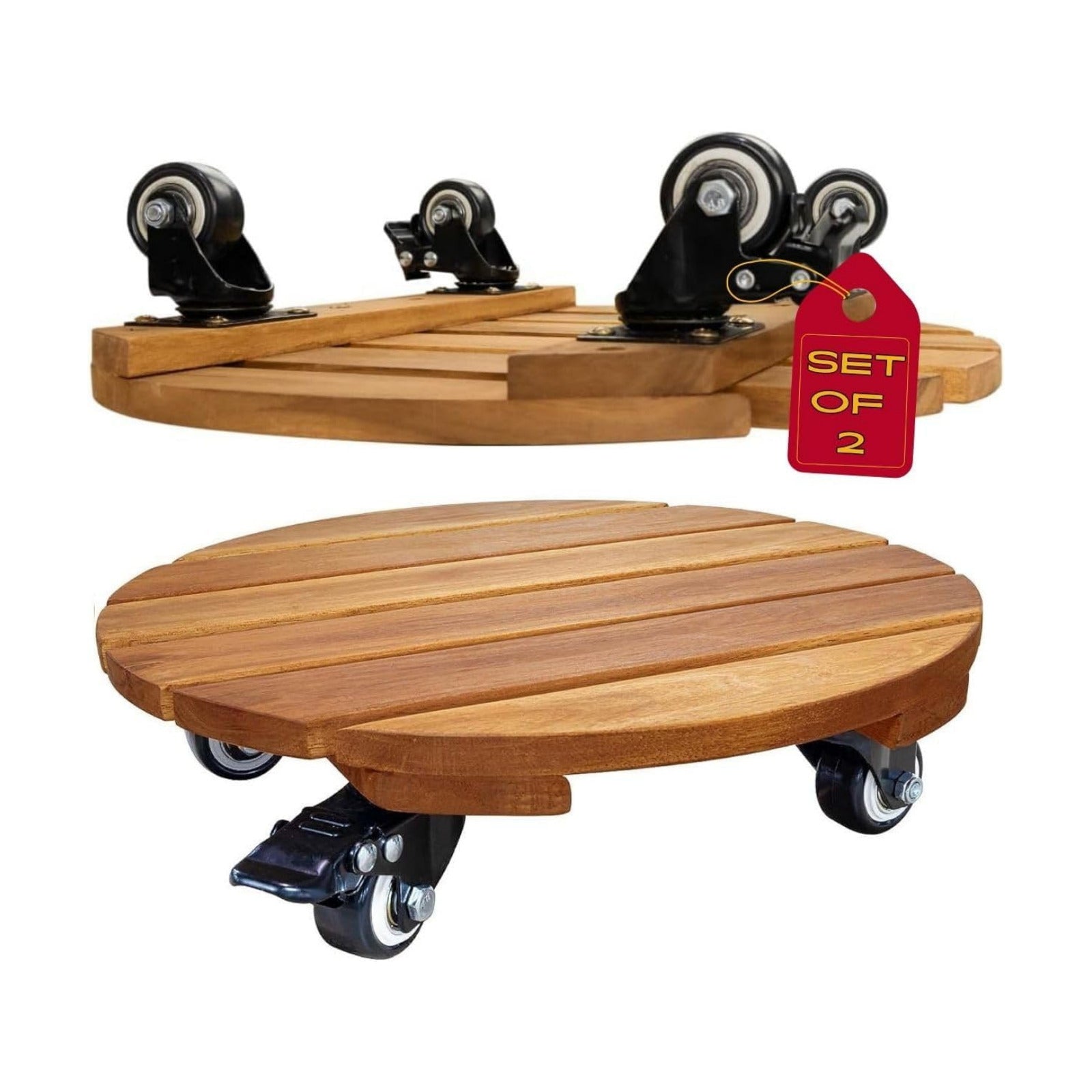 2pack 12inches Wood Plant Caddy with Wheels Heavy Duty, 264 Lbs Capacity, Acacia Hardwood Plant Dolly, Plant Stand with