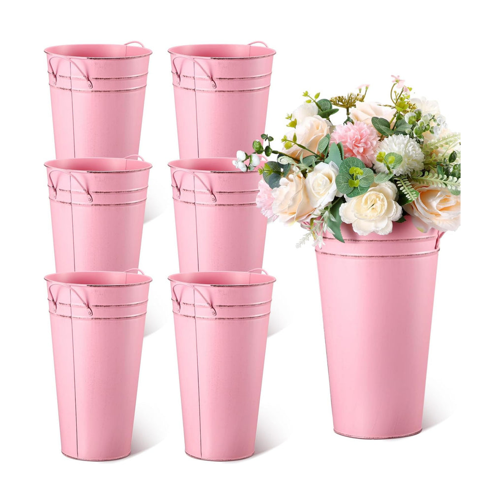Irenare 12 Inch Vintage Galvanized Flower Bucket Metal Flower Vase Farmhouse French Bucket Planter Metal Floral Container for Party Table Centerpiece Weddings Home(Pink,6 Pcs)
