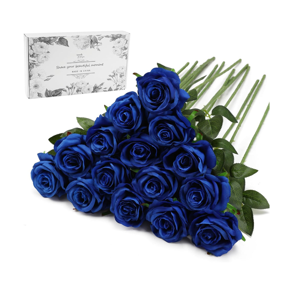 Blue Fake Roses Artificial Flowers - 16 Pcs Fake Artificial Roses Silk Flowers with Stems for Home Wedding Hotel Office Centerpiece Decor