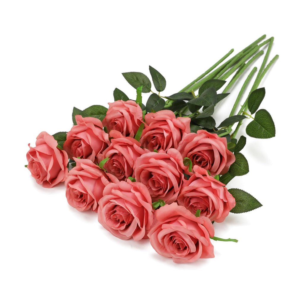 Pink Fake Roses Artificial Flowers - 10 Pcs Fake Artificial Roses Silk Flowers with Stems for Home Wedding Hotel Office Centerpiece Decor（Dusty Pink）