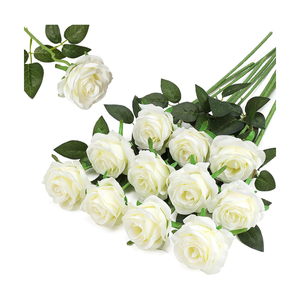White Fake Roses Artificial Flowers - 10 Pcs Fake Artificial Roses Silk Flowers with Stems for Home Wedding Hotel Office Centerpiece Decor