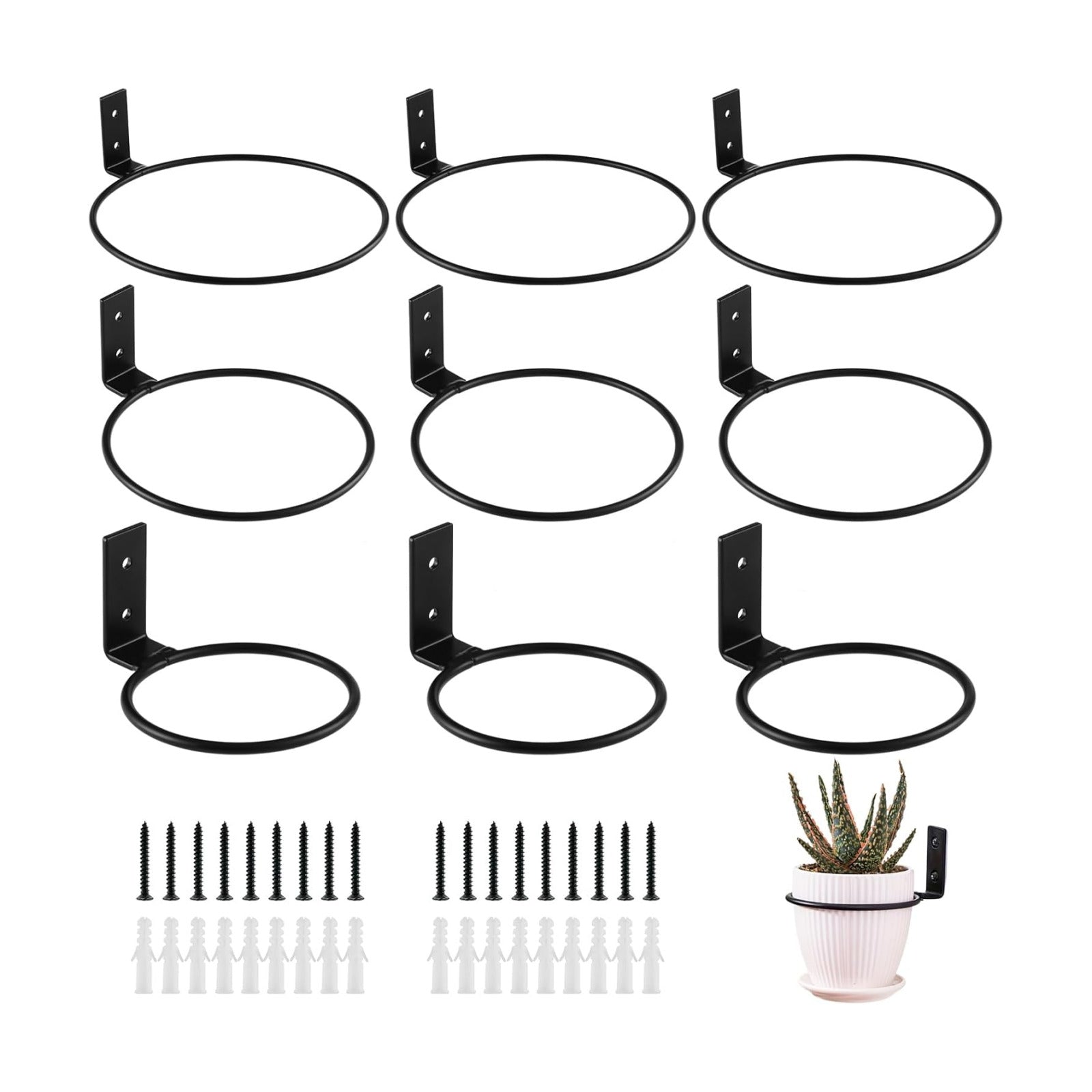 9-Pack 4/6/8 Inch Flower Pot Holder Ring Wall Mounted Metal Flower Pot Hangers Wall Hanger Bracket Rings Black Planter