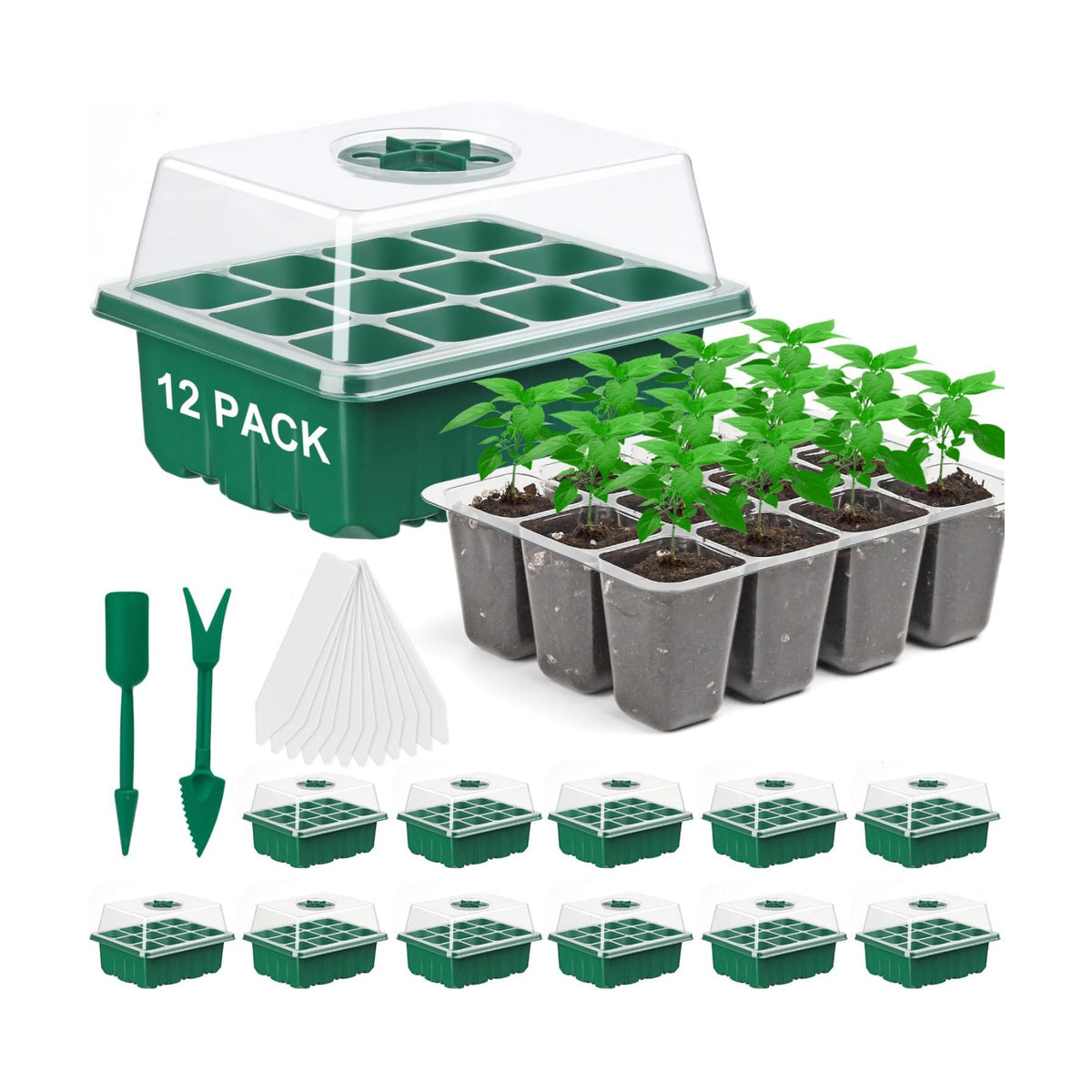 12 Pack Seed Starter Tray, 144Cell Stater Kit with Humidity Dome Green