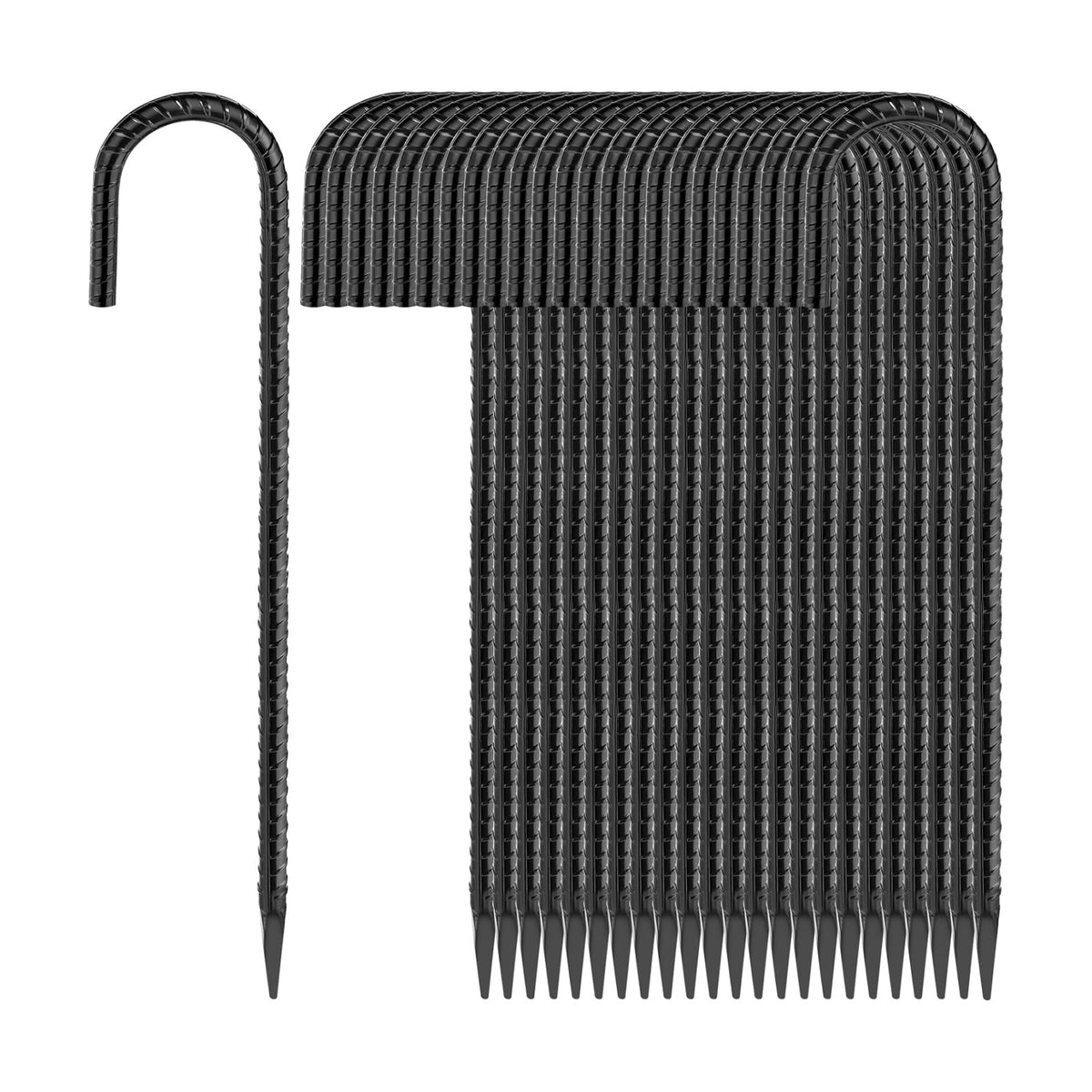 Besitu 16 Inches 24-Pack J Hook Rebar Stakes Heavy Duty Tent Stakes with Chisel Point End, Steel Ground Anchors Metal Garden Stakes Chain Link Fence Stakes Black Coated