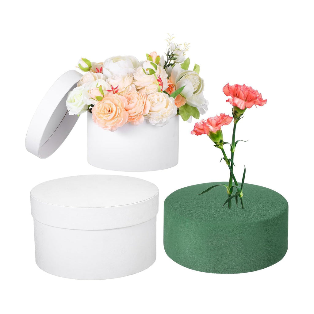 Nuenen Round Gift Boxes with Lids Floral Foam Set for Arrangements, White