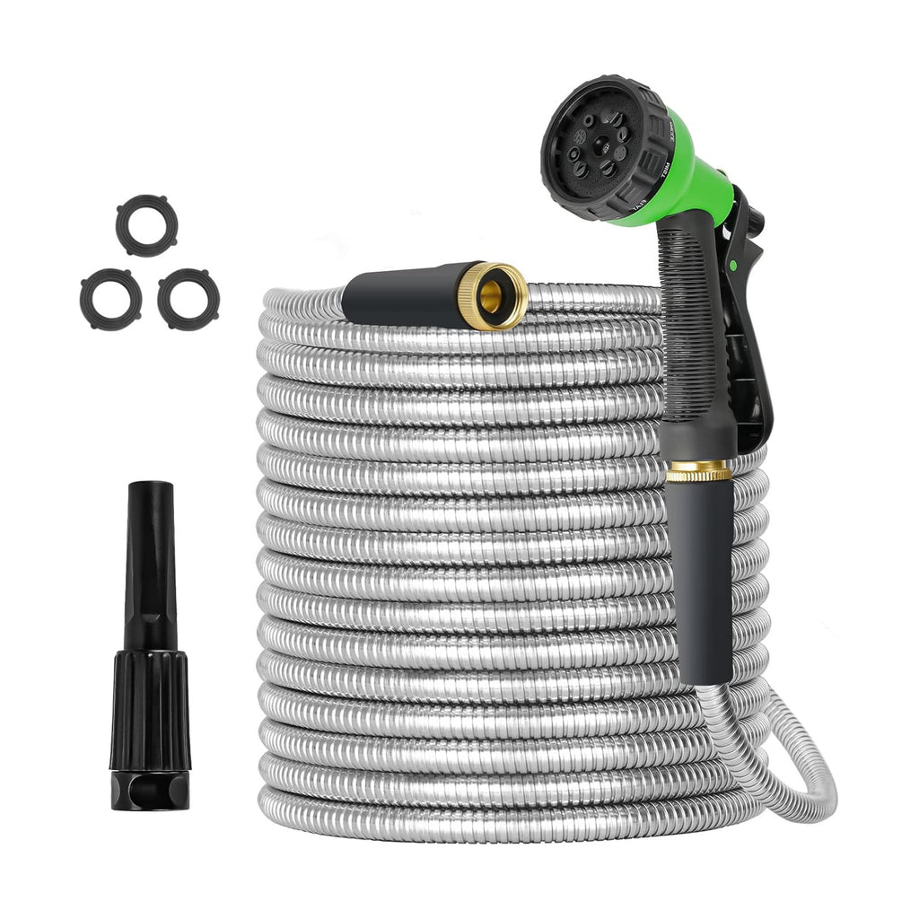 TVKB Garden Hose 100ft Stainless Steel Water Hose Super Tough Flexible Water Pipe with Brass Fittings and Sprayer