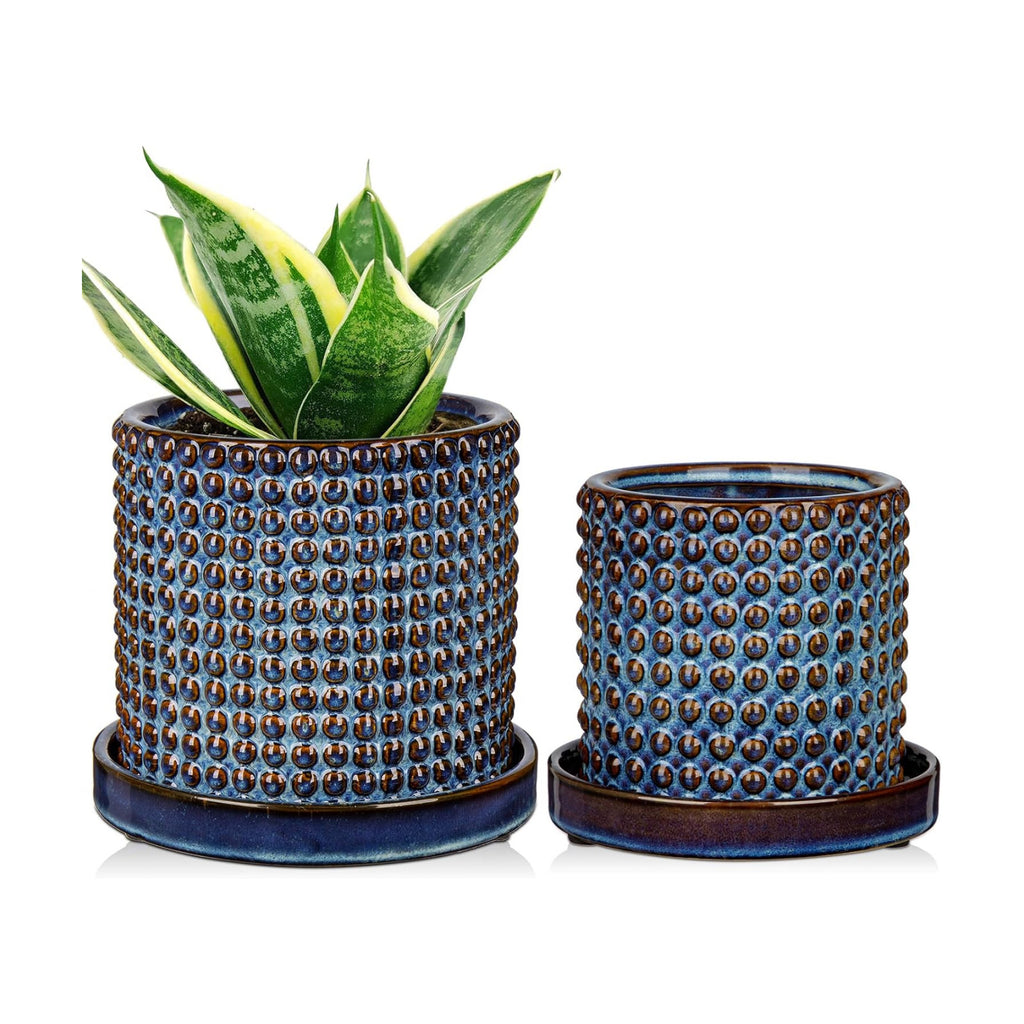 Set of 2 Ceramic Planter Pots with Drainage Hole and Saucer, Round Flower Pot Hobnail Modern Planter Pots for Indoor &
