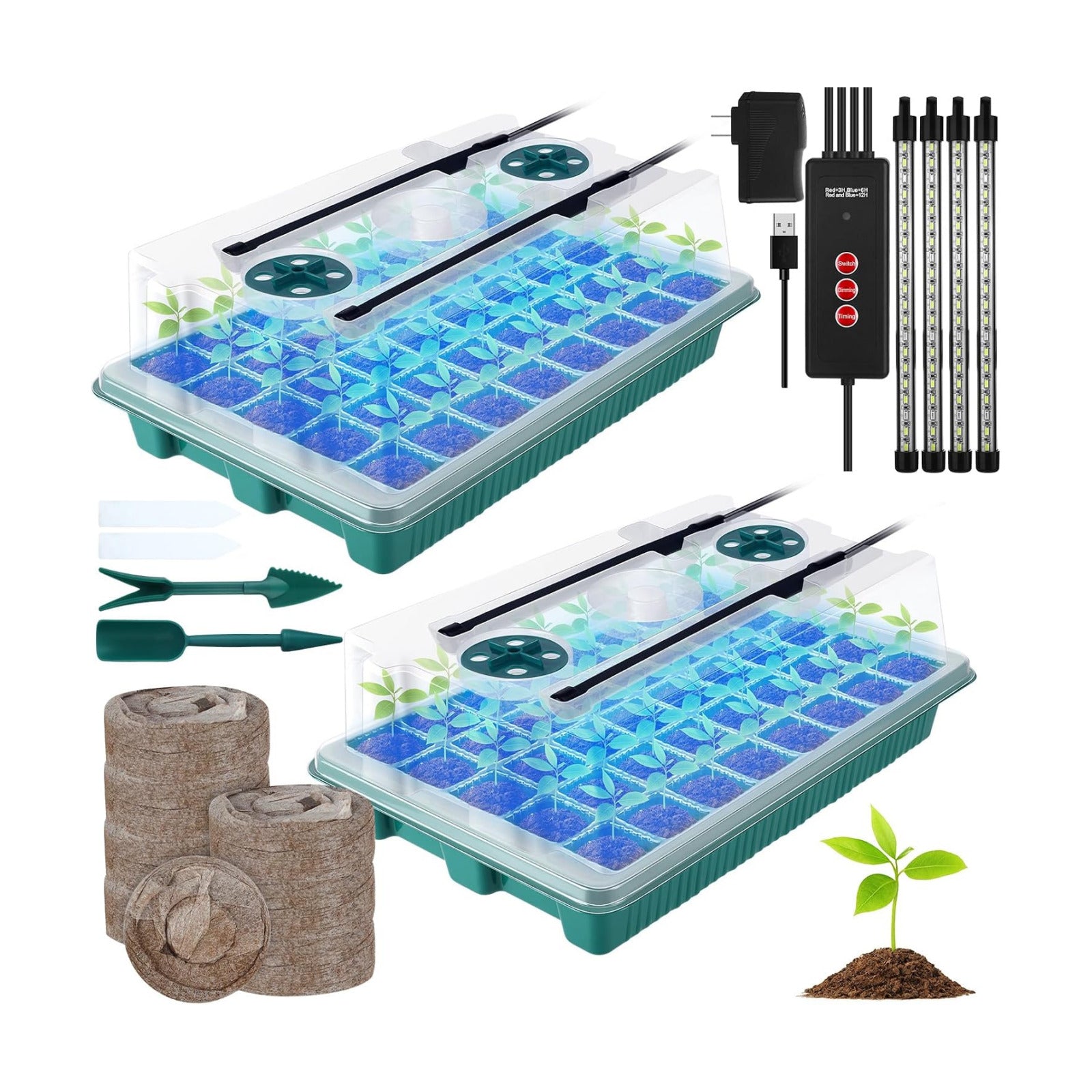 FillTouch 2 Packs 80 Cells Seed Starter Trays Kit with 4 Grow Light Seed Starter Kit Seedling Starter Trays with