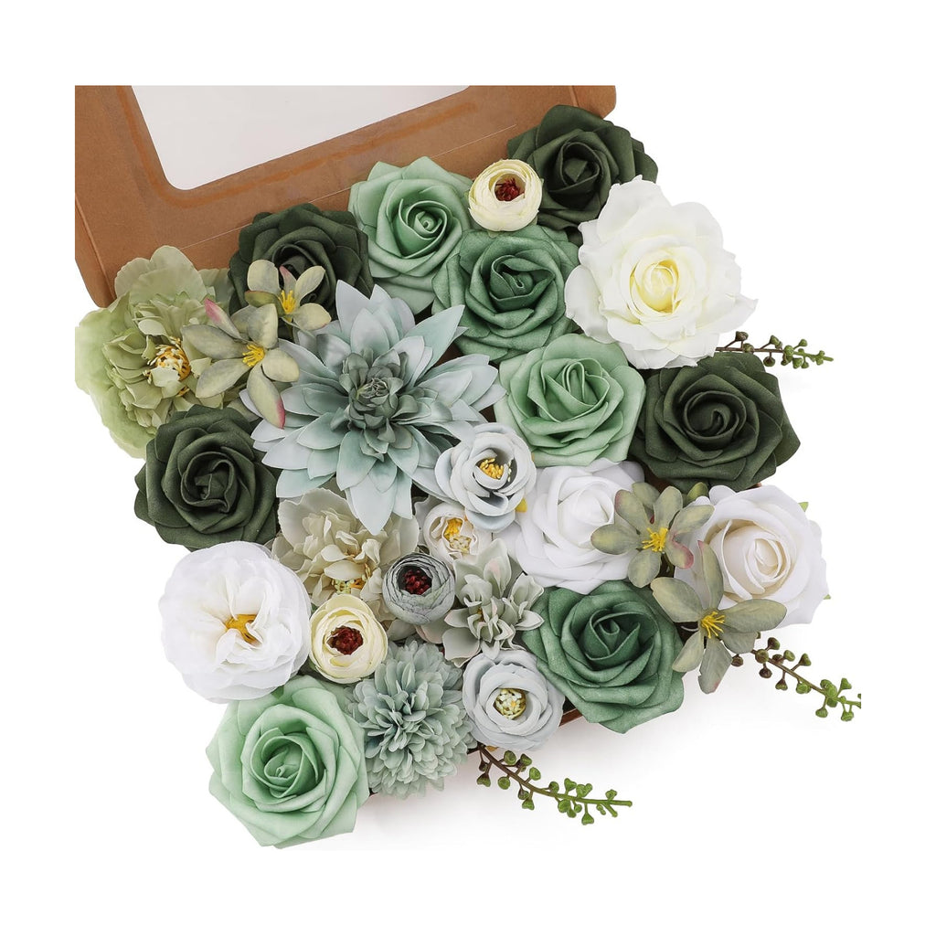 Floweroyal Artificial Flowers Combo Green Flowers Mix Silk Flowers Dahlia Roses with Stems for DIY Wedding Bridal Bouquets, Baby Shower, Floral Arrangement, Table Centerpieces, Home Decorations.