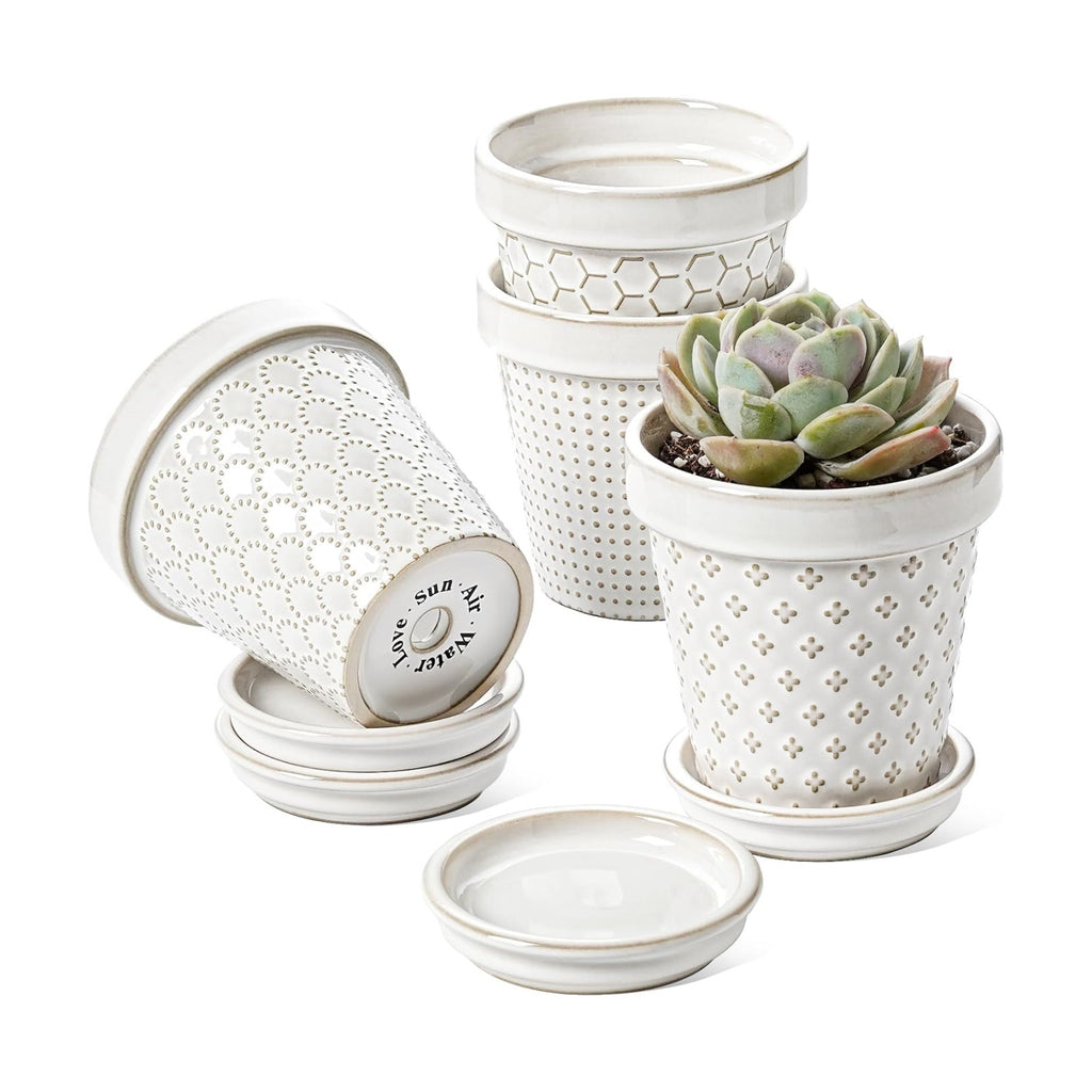 LE TAUCI Ceramic Succulent Pots, 4 Inch Small Plant Pot for Indoor Plant Cactus, Embossed Flower Pots with Drainage