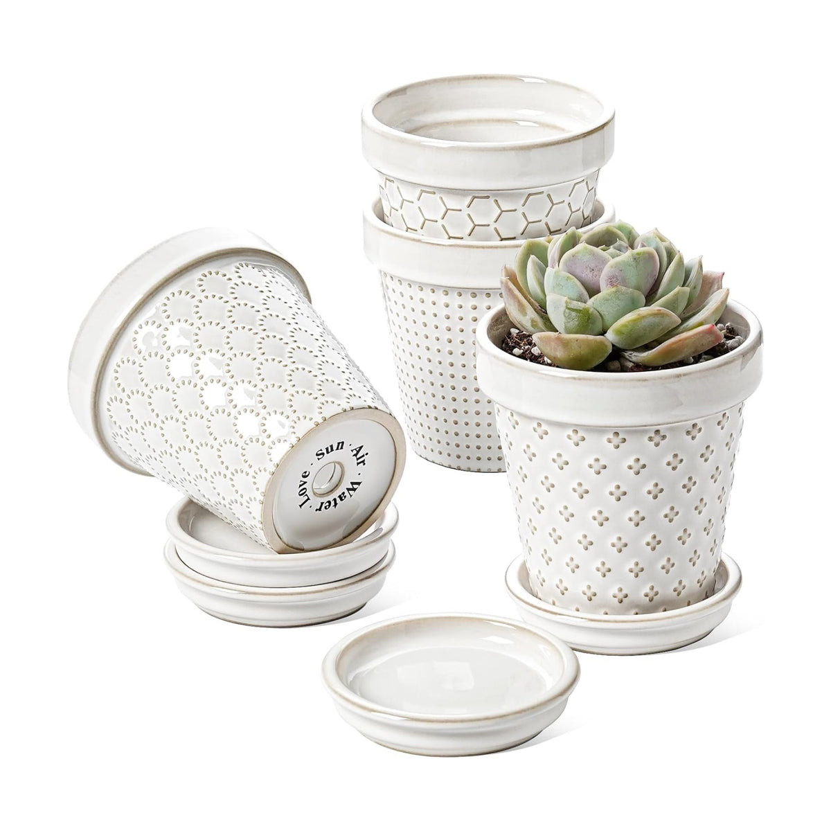 LE TAUCI Ceramic Succulent Pots, 4 Inch Small Plant Pot for Indoor Plant Cactus, Embossed Flower Pots with Drainage