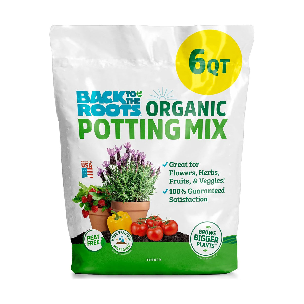 Back to the Roots 100% Organic Potting Mix (6 Quart) Premium Blend Made in The USA