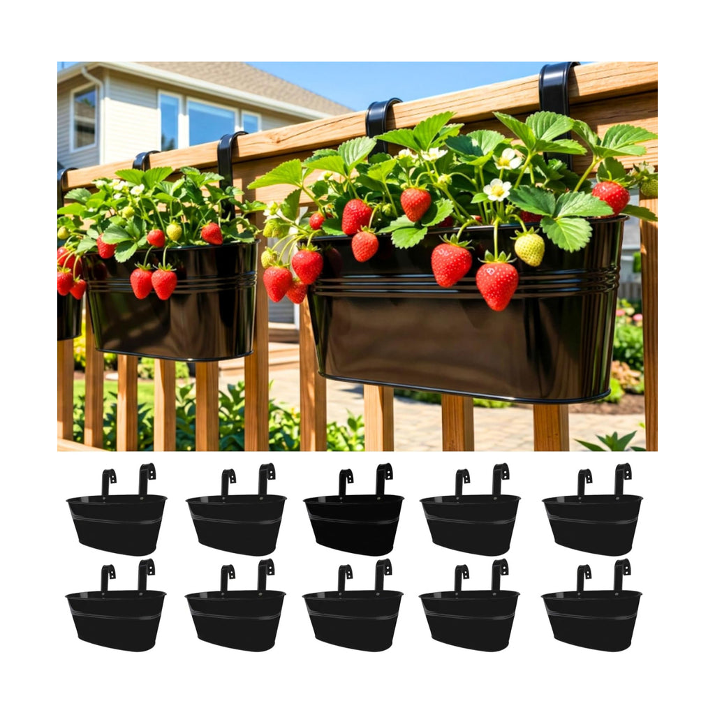 LaLaGreen Rail Planter Outdoor Plants(11.8 Inch, 10 Pack) Black Metal Iron Hanging Flower Pots Deck Railings Fence