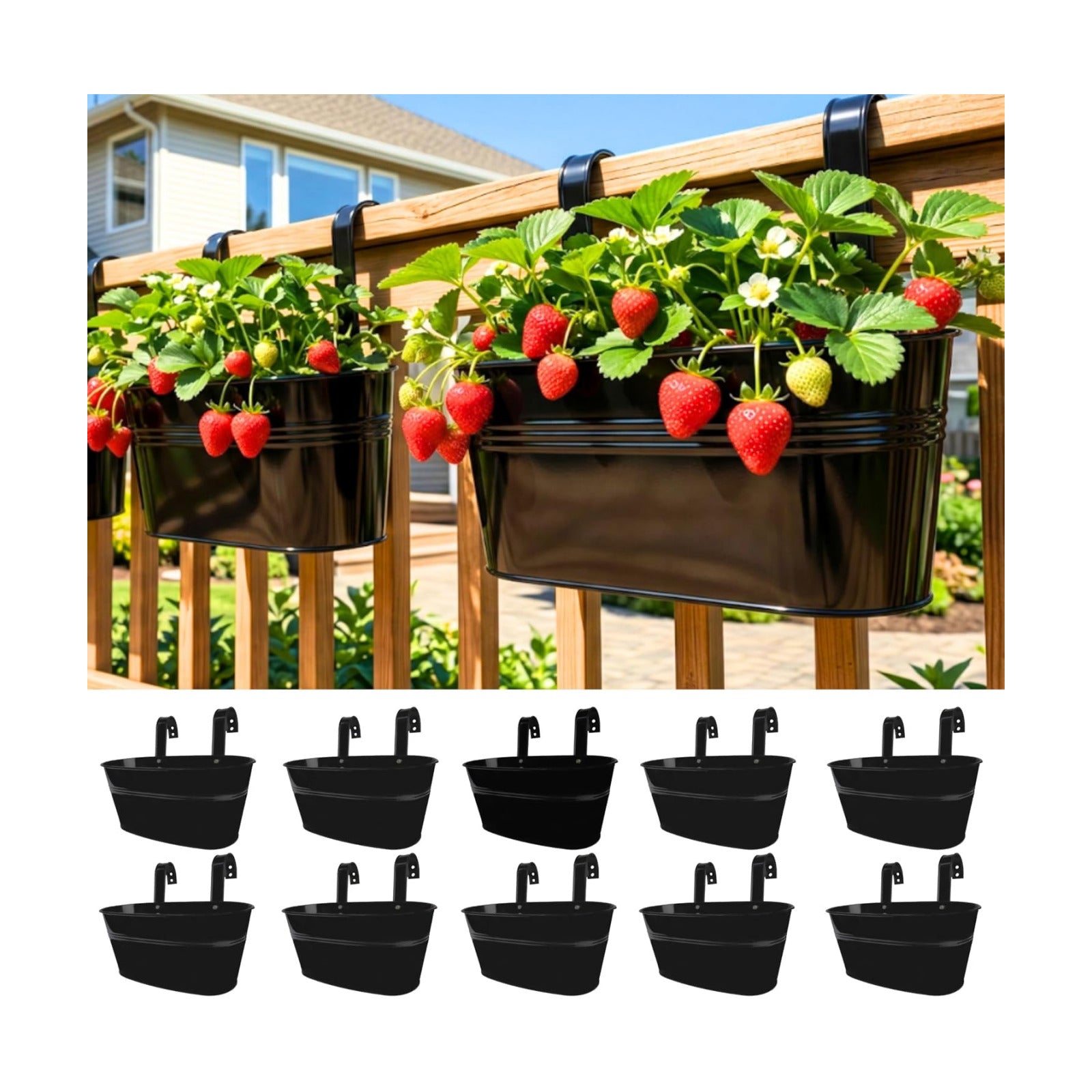 LaLaGreen Rail Planter Outdoor Plants(11.8 Inch, 10 Pack) Black Metal Iron Hanging Flower Pots Deck Railings Fence