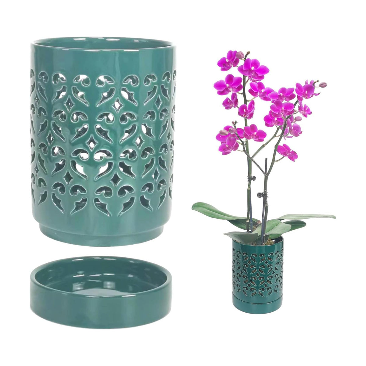 Ceramic Orchid Pot 4 Inch, Orchid Pots with Holes, Plant Pot for Repotting, Flower Planter Pot Indoor Outdoor, Green Chirstmas Gift for Women.